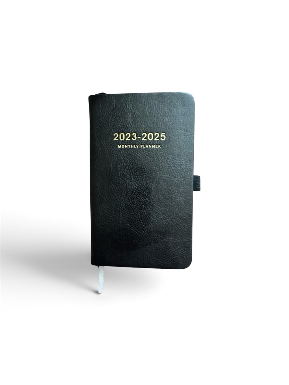2023–2025 Monthly Planner — Black Faux Leather Pocket Size with Gold Foil